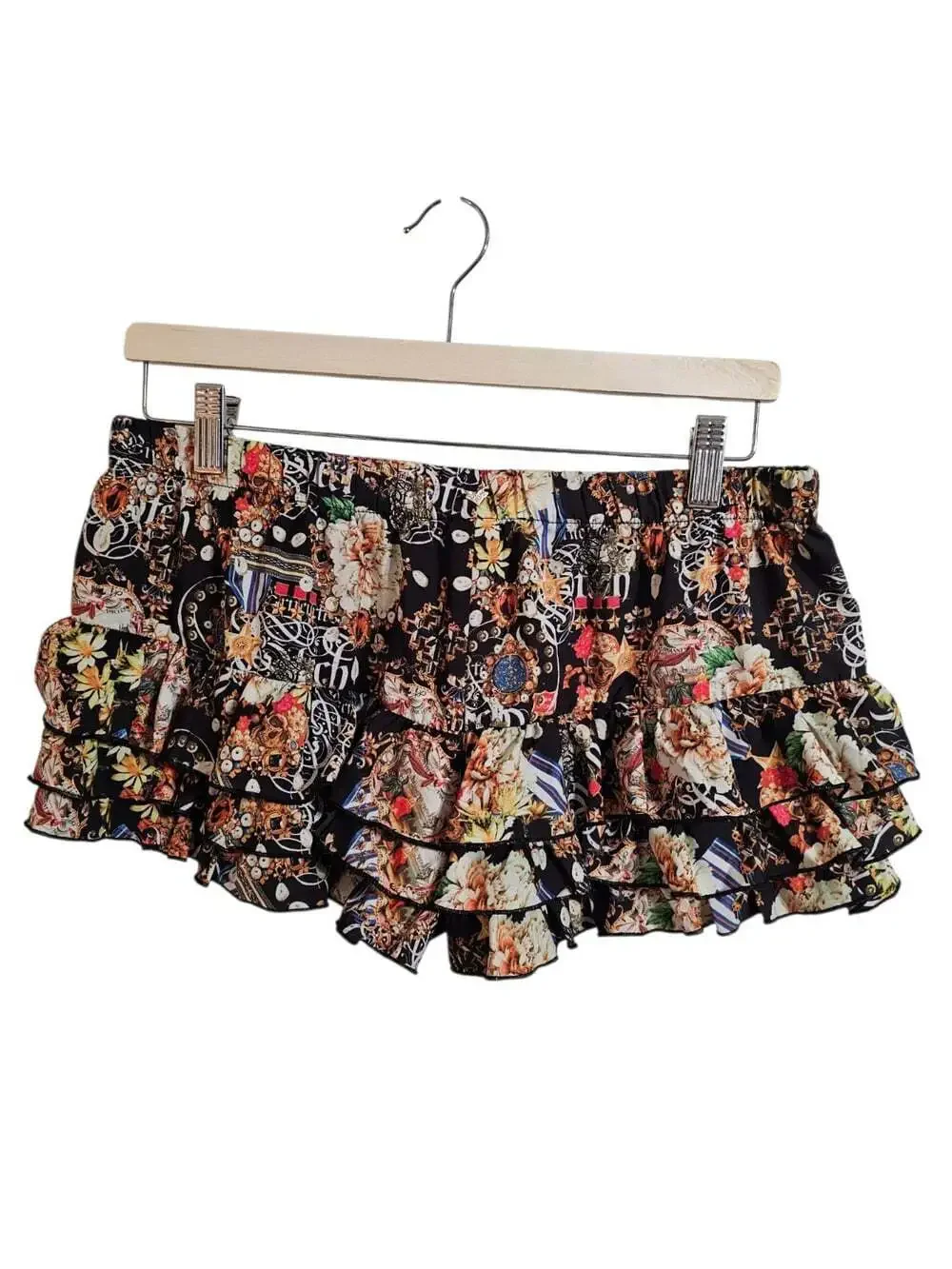 Lisa Blue Women's US 10 Large Black Silk Baroque Print Ruffled Mini Shorts Y2K